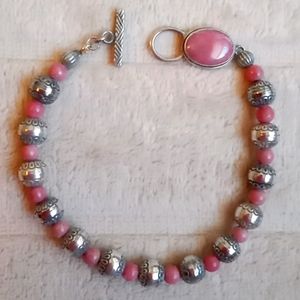RHODOCHROSITE AND STERLING SILVER NATIVE AMERICAN PEARL BRACELET